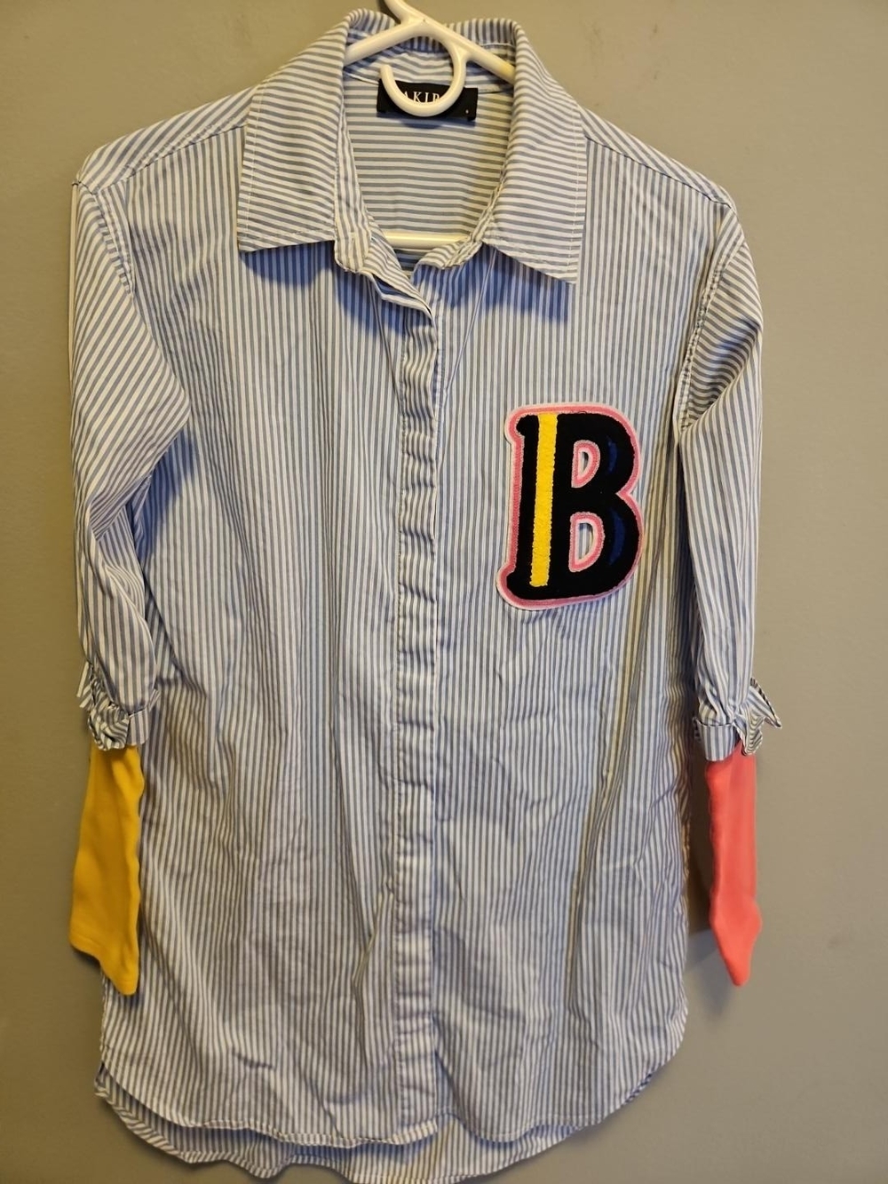 AKIRA Women’s Small Blue White Striped Button Up Shirt Varsity B Patch Colorbloc